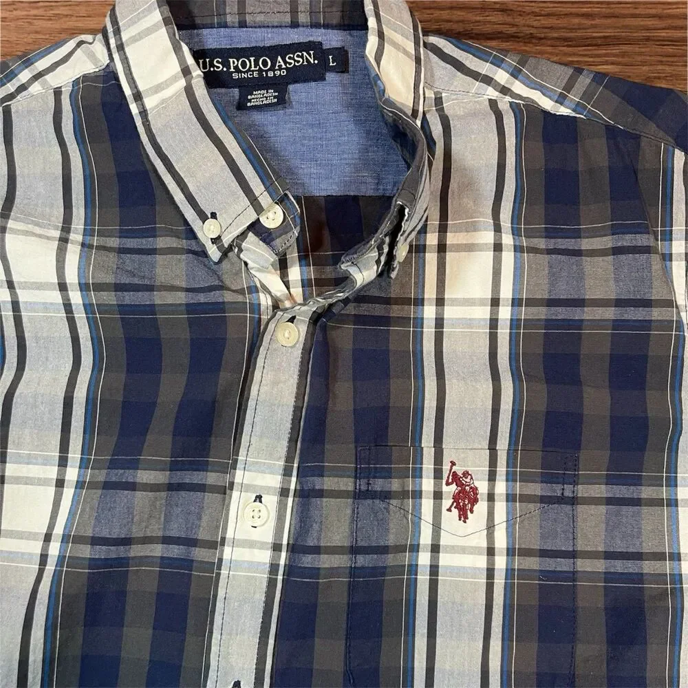 U.S. Polo Assn. Mens Classic Navy‎ Plaid Long Sleeve Button-Down Shirt Men’s L